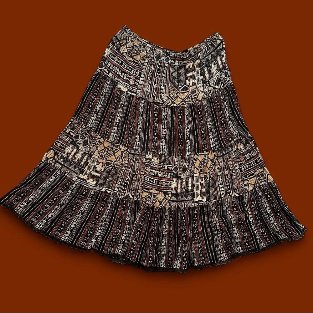 Women’s Vintage Black and Cream Multi-patterned Skirt with Lace trim